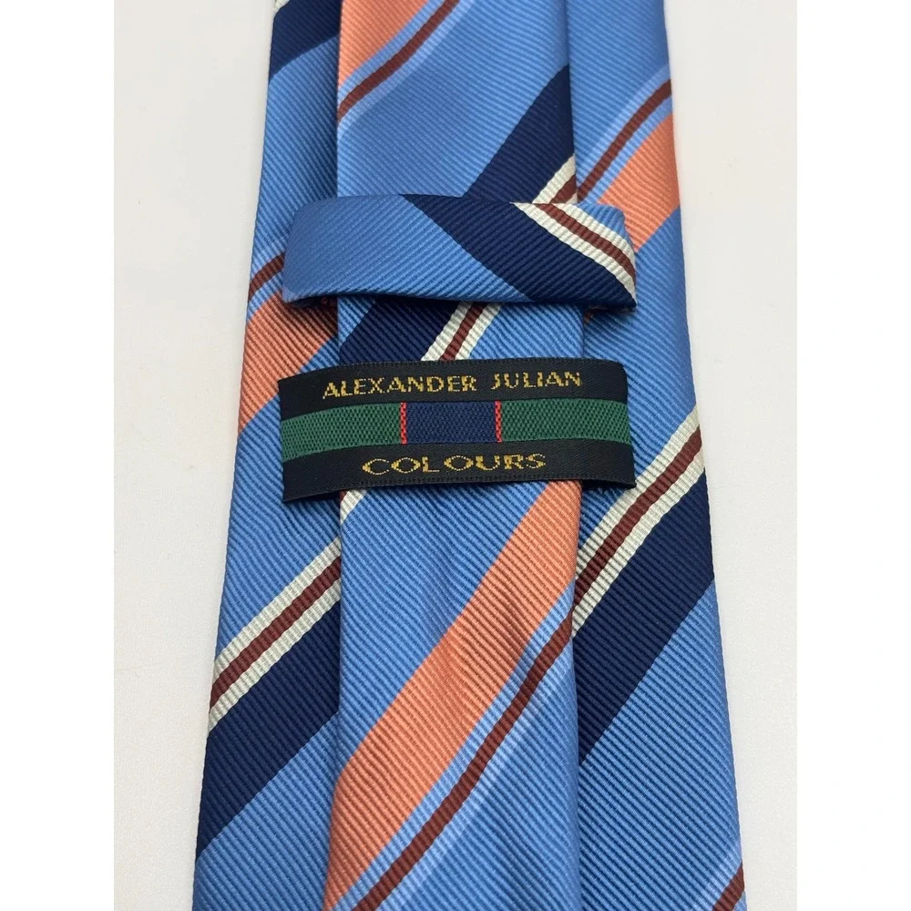Alexander Julian Colours Mens Blue Orange Striped Polyester Necktie Hand Made